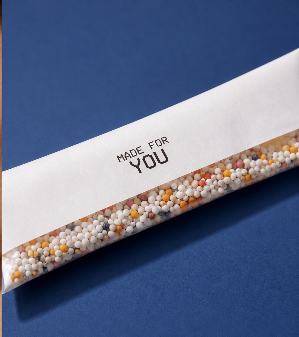 Personalised Lova supplement sachet with colourful microgranules on a cobalt blue background