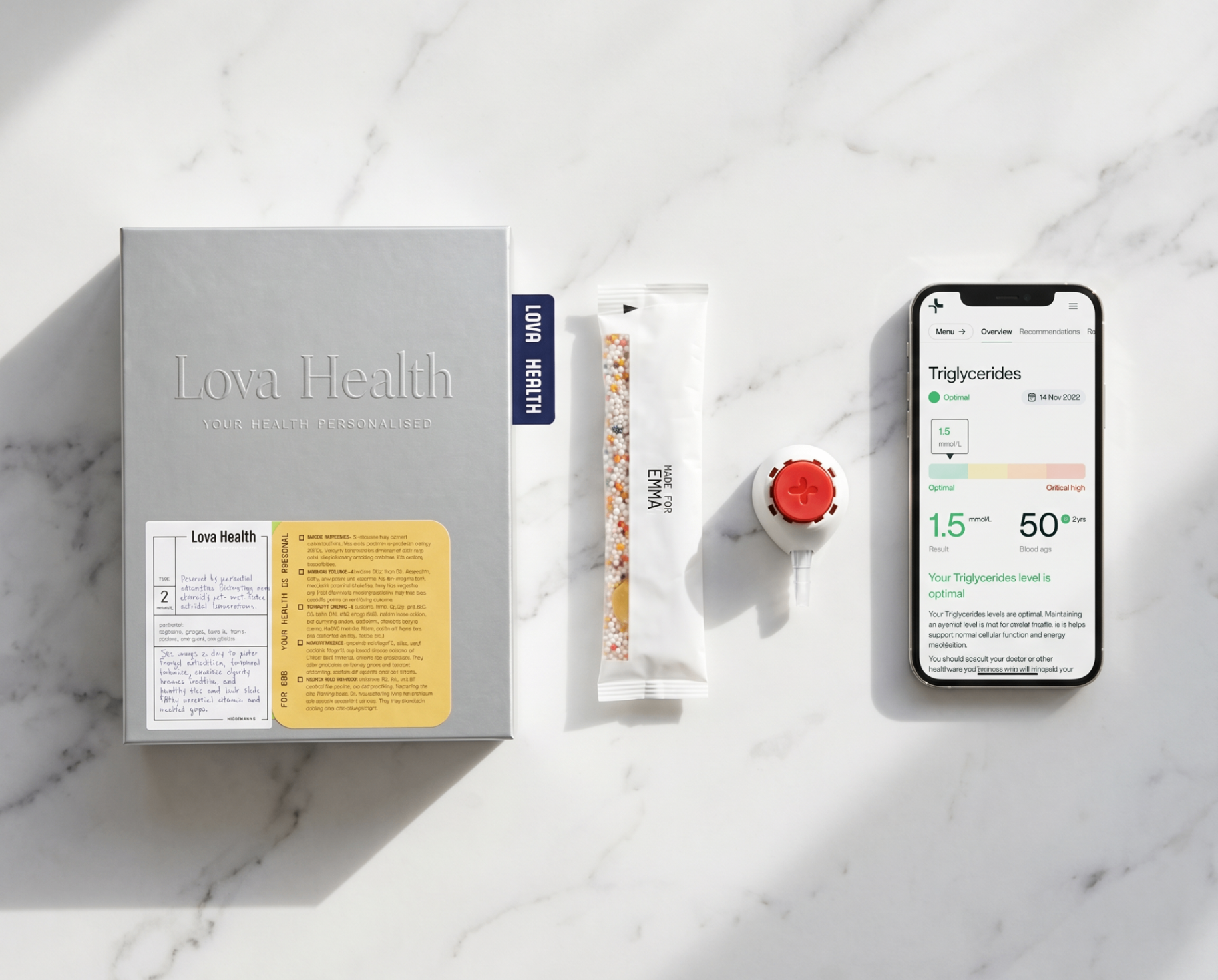 Lova Plus kit with blood test device and personalised sachet