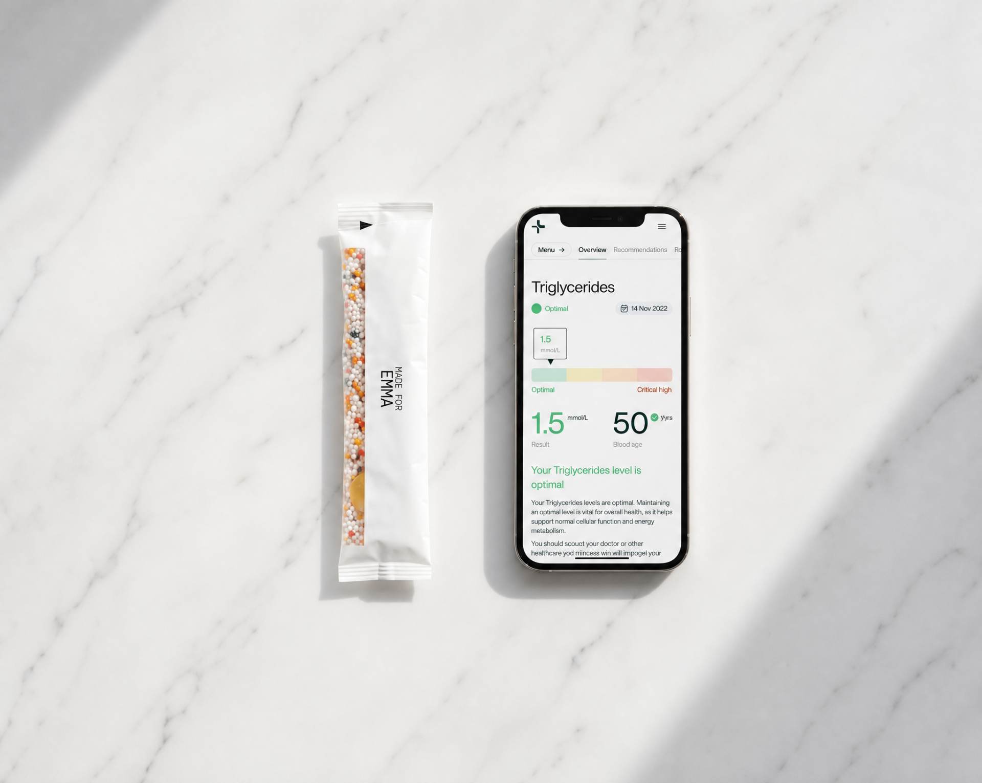 Lova Core daily sachet and personalised dashboard on phone
