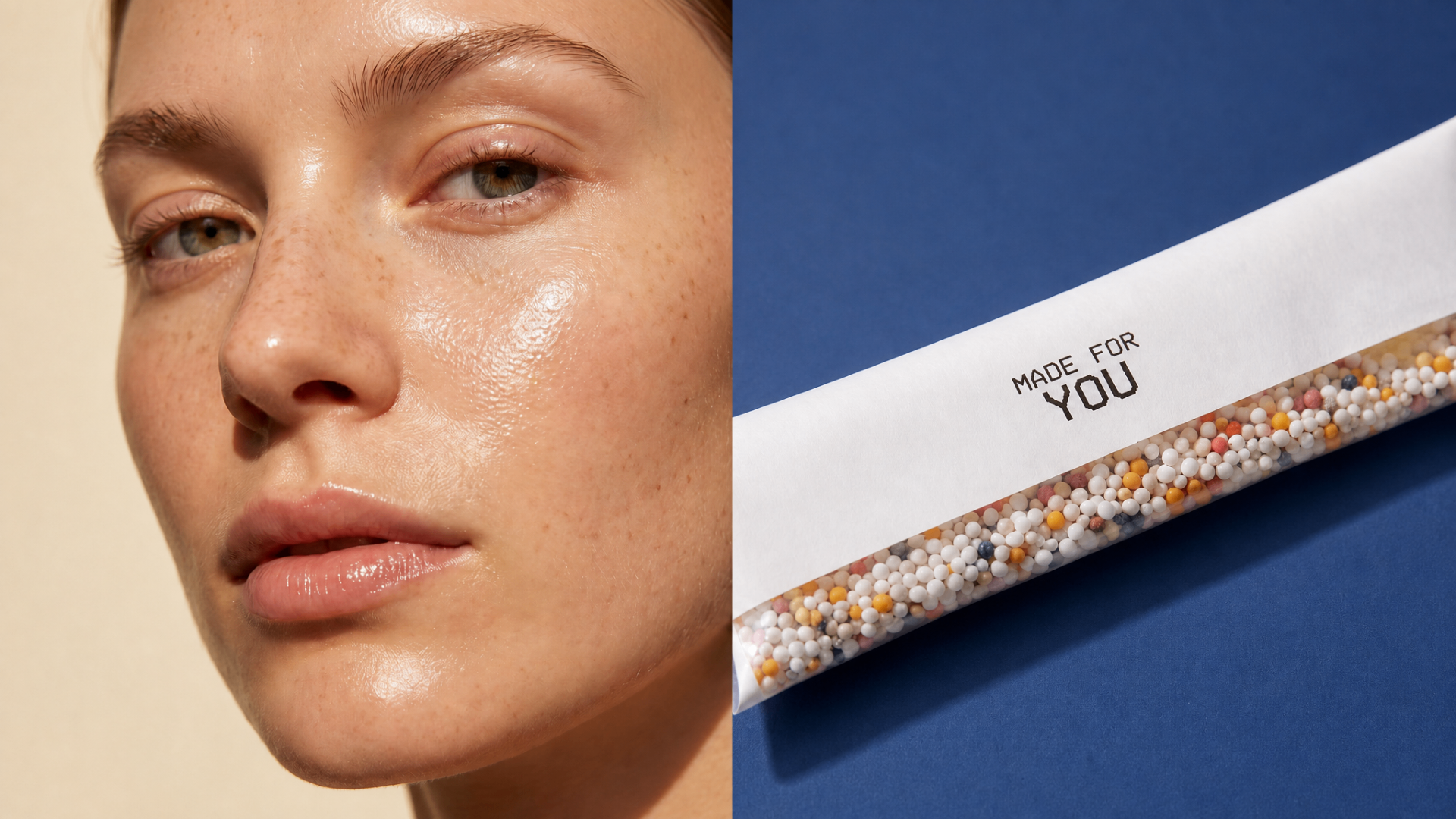 Split composition: close-up of a woman's face with natural freckles, and a personalised supplement sachet filled with colourful microgranules