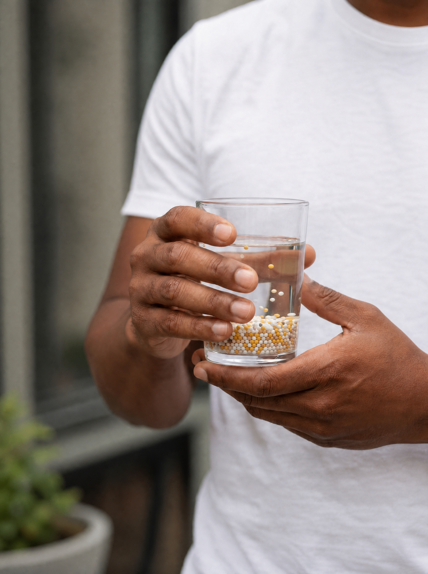 Hands holding a glass of water with Lova microgranules dissolving